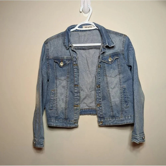 Peace Jeans Denim Jacket Ooistance Cropped Button Up Front Large Woman's - Picture 2 of 9